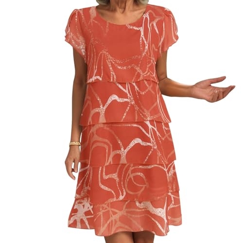 Round Neck 3D Print Collection Spring/Summer Cake Dress Layered Midi Dress with Ruffles, red, L