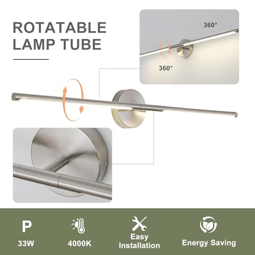 Image of Brushed Nickel Bathroom Light Fixtures Over Mirror 43 Inch, 33W 360 Rotatable Dimmable 4000K LED Vanity Light Bar, Modern Bathroom Vanity Lights Above Mirror