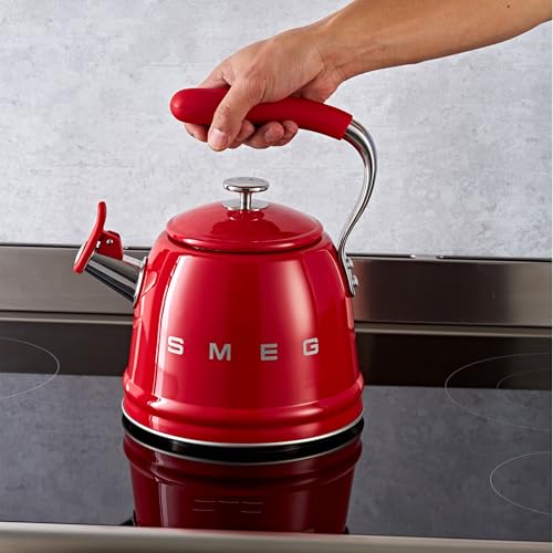 Image of SMEG Stovetop Whistling Kettle - 50s Retro Style, 2.3 Liter (10 Cup / 2.4 Quart) Stainless Steel Tea Kettle with Iconic Design & Whistle - Premium Kitchen Statement Piece-Red