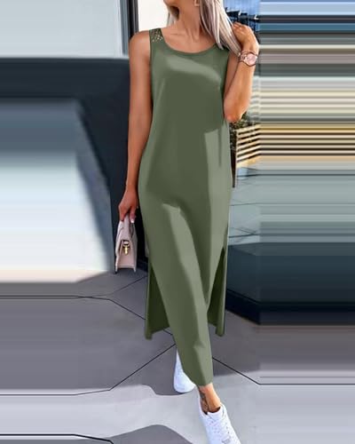 Image of Women's Summer Tank Dress Casual Sleeveless Side Split Maxi Dresses