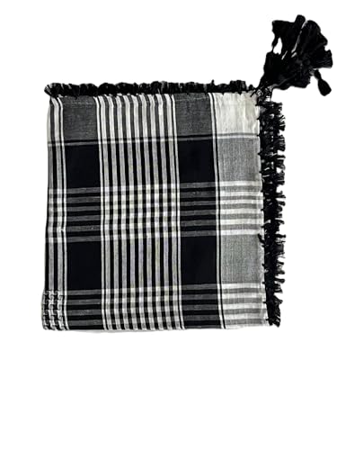 Image of Traditional Keffiyeh Arafat arabic Scarf, Black and White Checkered Pattern, Shemagh with Tassels