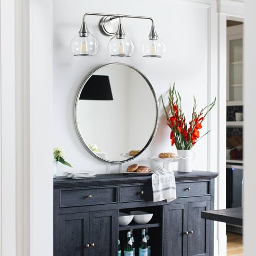 Image of Brushed Nickel Bathroom Vanity Light 3 Lights Bathroom Light Fixtures Over Mirror with Clear Glass Shade 22.4 inch Wall Sconces Lighting Bath(Exclude E26 Bulb)