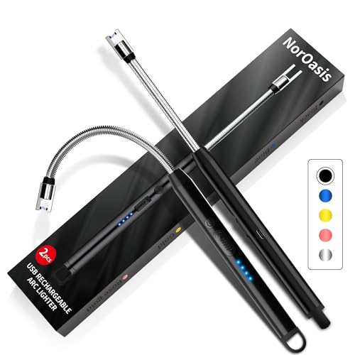 NorOasis 2-Pack Rechargeable Electric Candle Lighters, Flameless Windproof Long Lighter with 360° Flexible Neck and LED Display for Candles, Camping, BBQ & Fireplace(Black)
