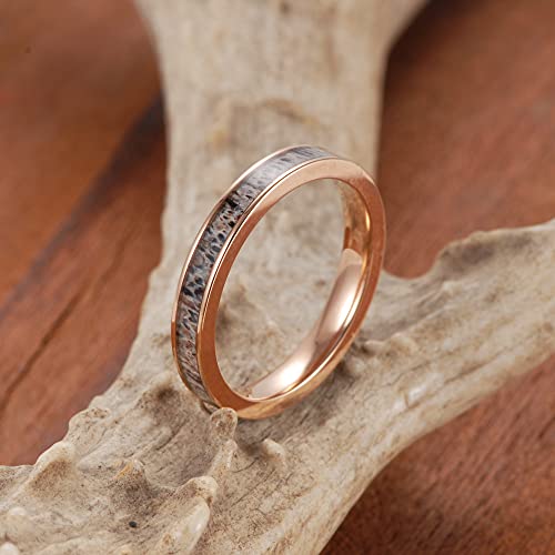 Women's 3mm Rose Gold Titanium Ring with Real Antler Inlaid Wedding Bands4