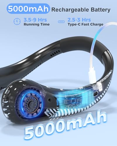 Portable Bladeless Neck Fan, 5000mAh Rechargeable Battery, 3 Speeds, Workout Essential, 360°Airflow, Twistable, Personal Wearable Neck Fan for Sports Outdoor Indoor, Gifts for Man Woman Family