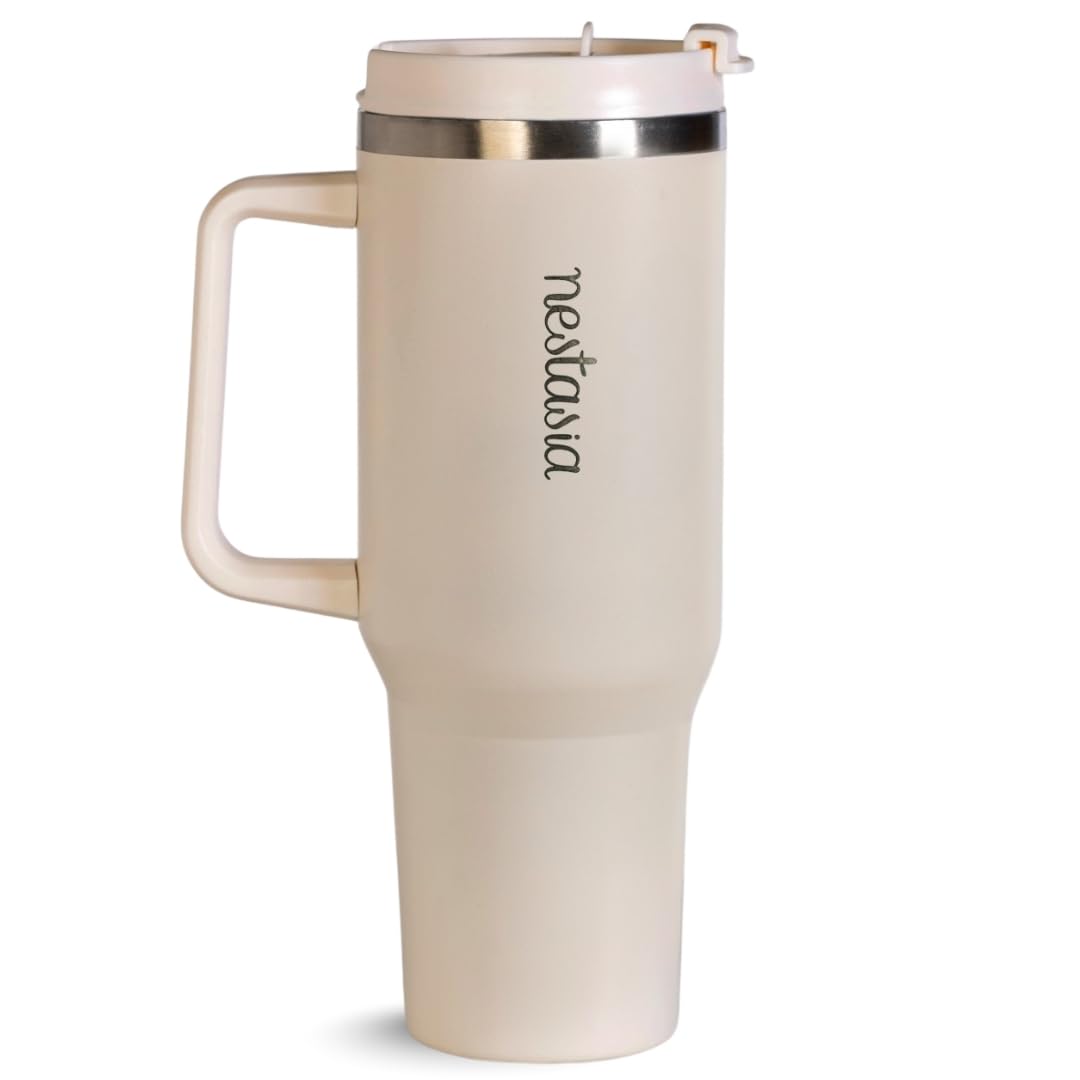 Nestasia GripSip40 Tumbler with Straw & Side Handle 1.2L | Insulated Stainless Steel Sipper Water Bottle for Adults with Dual Flip Opening Sip-Swig Leakproof Lid for Office & Gym (Pearl White)
