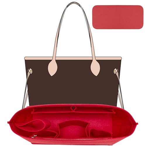 OAikor Purse Organizer Insert with Base Shaper Felt Tote Bag Organizer Insert Compatible with Speedy 30 Neverfull MM and More Bag Inner Shaper for Luxury Handbags Red/L