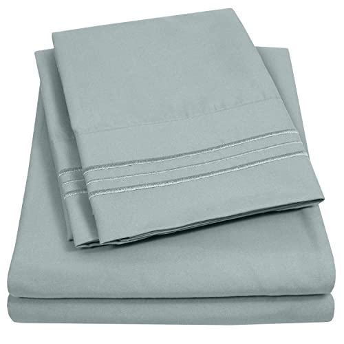 Twin XL Size Sheet Set with Built-in Sheet Straps - Deep Pocket Fitted Sheet, Flat Sheet & Pillowcases - Soft, Wrinkle-Free, Secure Fit - Slate