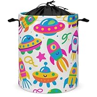 Large Laundry Basket Cartoon Spaceship Oxford Cloth Collapsible Laundry Hamper with Drawstring Waterproof Portable Clothes Storage Basket