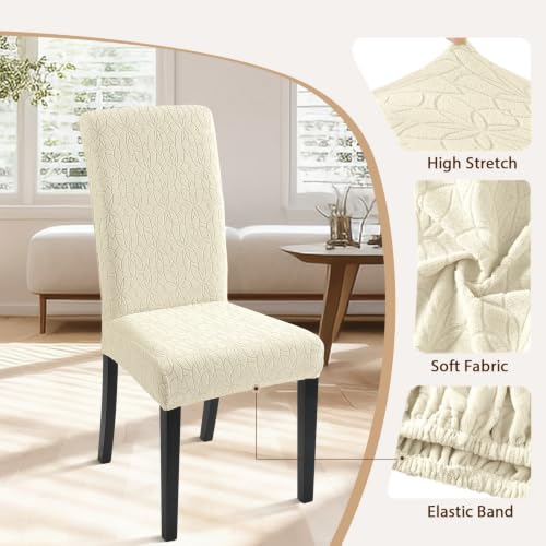 Image of SearchI Jacquard Dining Room Chair Covers Set of 4, Stretch Kitchen Chair Covers Washable Parsons Chair Slipcover Removable Dining Chair Protectors for Hotel,Ceremony(Beige Floral Texture)