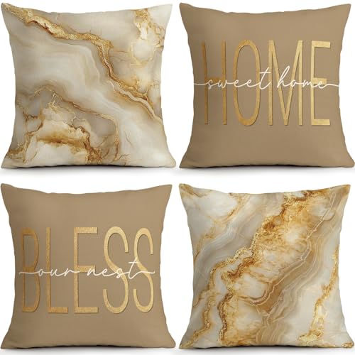 ORMAN Beige Gold Marble Pillow Covers 18x18 Inch Set of 4 Home Bless