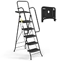 HBTower 5 Step Ladder with Handrails, Folding Step Stool with Tool Platform, Sturdy Steel Ladder for Adults for Home Kitchen Library Office 330 LBS Capacity, Black