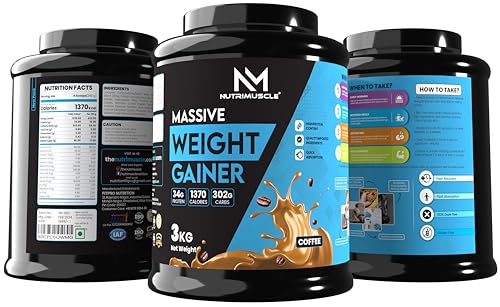 Image of Nutrimuscle Massive Weight Gainer 3Kg | Coffee Flavour High-Calorie Mass Gainer | Complex Carbs + Protein Blend for Weight Gain, Muscle Growth & Strength Training | Men & Women