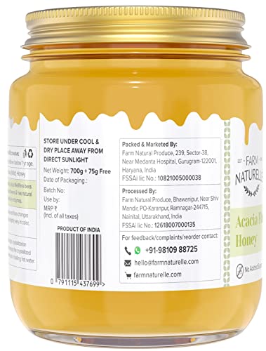 Image of Farm Naturelle Acacia Flora Wild Honey 700gm + 75g Extra |100% Pure Honey | Raw & Unfiltered|Unprocessed|Lab Tested Honey In Glass Jar with Engraved Virgin Wooden Spoon