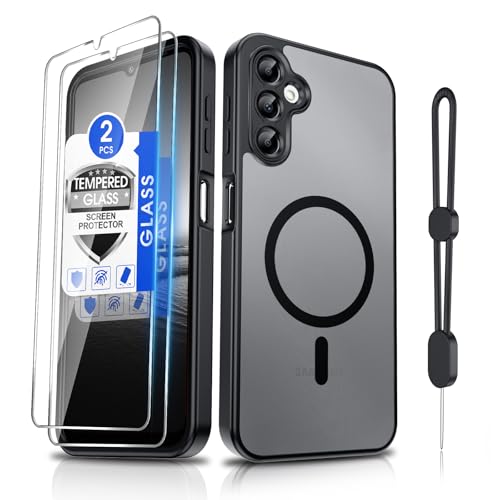 Dizn for Samsung Galaxy A14 5G Phone Case with 2 Screen Protector & Phone Lanyard Fit for MagSafe Camera Bumper Protection Shockproof Magnetic Thin Translucent Cover for Samsung Galaxy A 14 5G Black