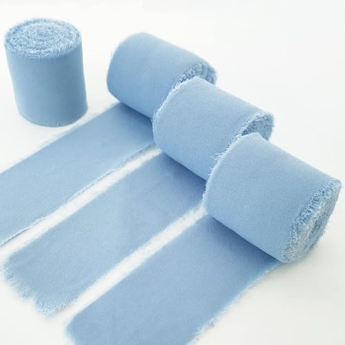 TONIFUL 4 Rolls 1-1/2 Inch Dusty Baby Blue and Light Blue Silk Chiffon Ribbon 22 Yards Handmade Fringe Chiffon Ribbon Set for Wedding Invitations Bridal Bouquets