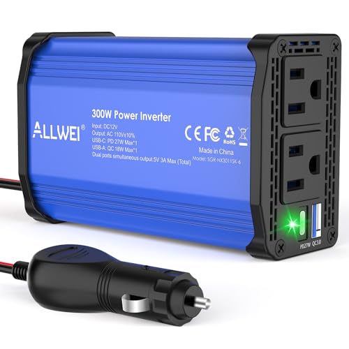 300W Car Power Inverter 12v to 110v, Car Plug in Adapter Outlet with PD 27w USB-C and Fast Charger 18w USB-A, Car Outlet Adapter, Car Converter to Out