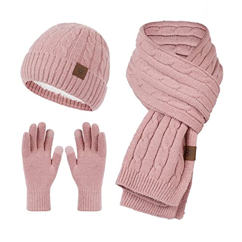 Generisch Gorro de punto, bufanda, guantes, forro polar para mujer, resistente al frío y cálido, juego de tres piezas, Rosa., talla única