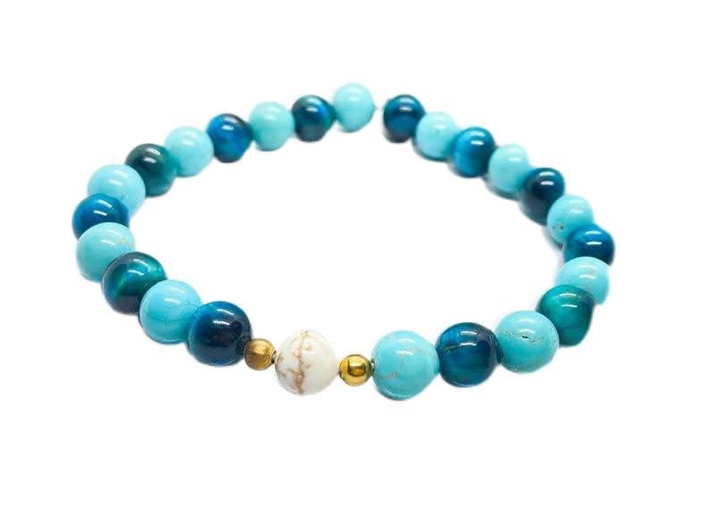 Bracelet œil de chat bleu, howlite et turquoise 8mm 7 pouces pour homme et femme