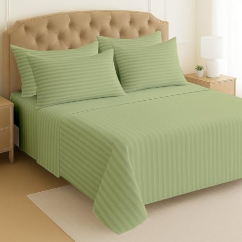 Image of Cott Linen Flat Bed Sheet with 2 Pillow Covers 600 Thread Count 100% Egyptian Cotton Bedsheet Double Size Sage Stripe Sheet
