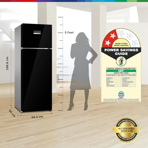 Image of Bosch 269L 2 Star Inverter Frost free Double Door Refrigerator (CTN29K22NI, 18 Hours Cooling Retention, Digital Display, Super Freeze, 80min Covert, Black Pearl)