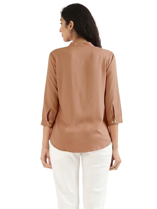 Image of SAADAA Top for Women, Viscose Pleated Tops, V-Neck with a Collar, 3 /4 Sleeve Length, Office & Casual Wear