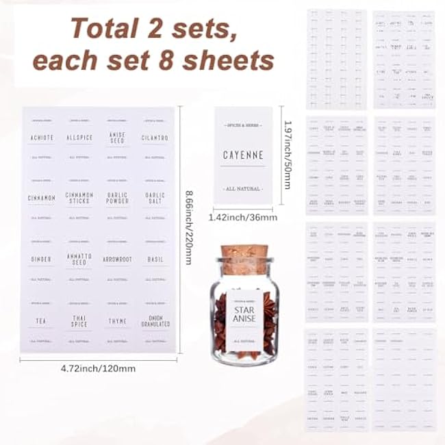 16 Sheets White Spice Labels Stickers Spice Jar Labels PVC Waterproof Blank Self Adhesive Rectangle Preprinted Pantry Decals Organizers Sets for Kitchen Food Box Bottles Seasoning Containers