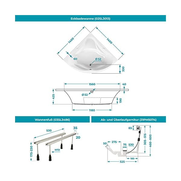 Calmwaters® Eckbadewanne Komplettset 140x140 cm mit Schürze, Wannenfüßen & Ablaufgarnitur, Acrylwanne Original, Duowanne für 2, Set Badewanne komplett, Duo-Badewanne 140 x 140 cm, Weiß, 99000090 – Bild 6