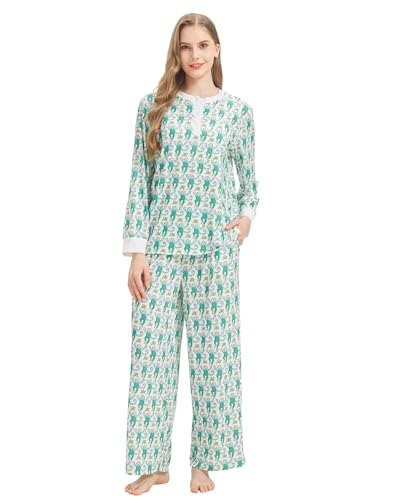 Womens Henley Pajamas Set 2 Piece Long Sleeve Monkey Print Lounge Sets Preppy Sleepwear Pjs for Vacation Party