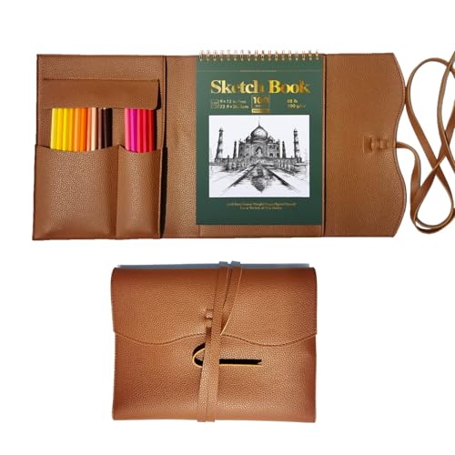 Image of Leather Sketch Book Cover, Leather Sketchbook Holder for 5.5 inchx 8.5 inch, Travel Sketch Board Pad Pencil Holder, Drawing SketchBook Cover Pencil Case, Painter Artist Sketch Pad Holder (Small)