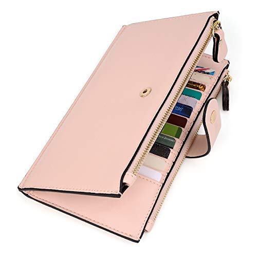 UTO Wallet for Women Leather Vegan 23 Slots Card Doulbe Zipper Pockets Large Phone Holder Organizer CA Pink