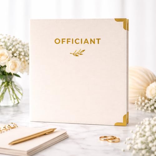 Paper \'n Such Wedding Officiant Binder Linen 3 Ring Folder with Gold Foil Stamping | Ceremony Script & Vows Document Holder | Marriage Officiant Organizer Portfolio 10.5 x 12