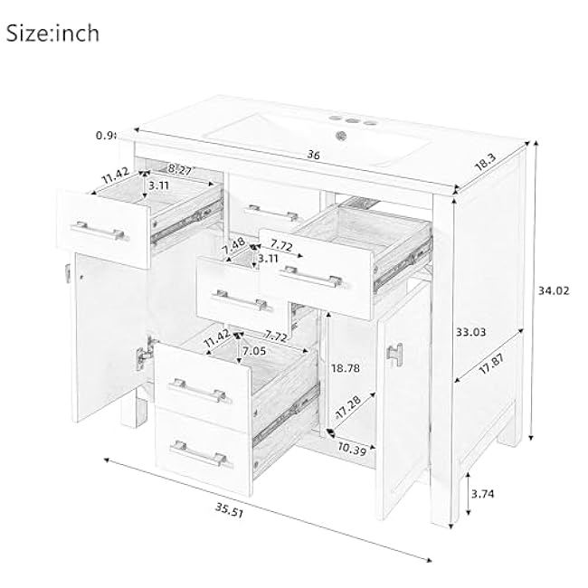 36-Inch Modern Bathroom Vanity Set with Ceramic Sink, Freestanding Storage Cabinet with 4 Drawers & 2 Cabinets, Black