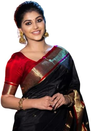 WAANMAYISarees For Women - Kanjivaram Soft Lichi Silk Banarasi Style Zari Woven Saree With Blouse Piece (Blackbery Black), Black, 5.5m