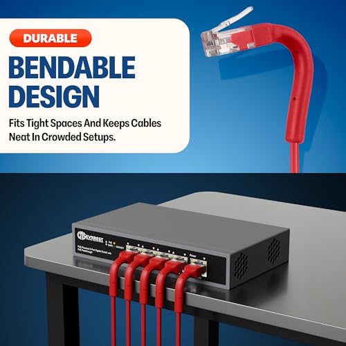 Image of Everest Ultra Slim Cat6a Ethernet Patch Cables 5ft (24-Pack) Red | Bendable, Thin and Flexible