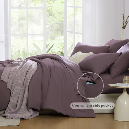 Image of Queen Comforter Set-7 Pieces Soft Prewashed Bed in a Bag Queen Bedding Sets | All Season Comforter with Sheets, Pillow Shams & Pillowcases, Artic Plum