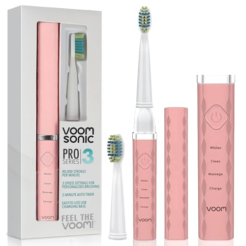 Voom Sonic Pro 3 Rechargeable Electric Battery Powered Toothbrush With Soft Dupont Nylon Bristle Dentist Recommended Portable Oral Care 2-Minute Timer 3 Adjustable Speeds Lightweight Design, Pink