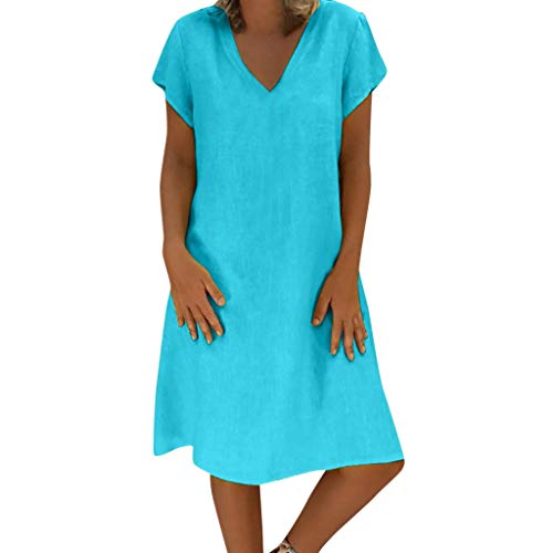 Mujer Verano De Playa Vestido De Lino De Verano Vestido Mujer Mujer Camiseta AlgodóN Casual Tallas Grandes Vestido De SeñOras Tallas Grandes Vestidos De Playa (Azul, XL) Cover