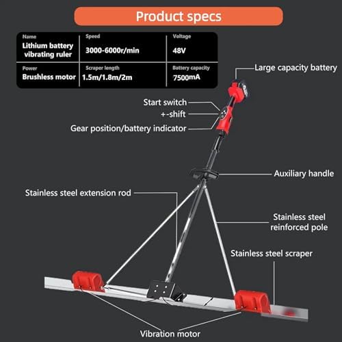 Upgraded Cordless Electric Concrete Vibrator Tool, 3000-6000 RPM Brushless Dual Motor, 59-78in Stainless Steel Board, 2 Batteries, Perfect for Concrete Finishing