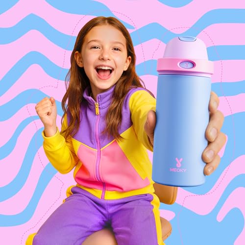 Image of Meoky 2 Pack 18 oz Insulated Kids Water Bottle for Travel | 2-in-1 Straw and Spout Lid, Leak Proof, Stainless Steel, Cold for 24 Hours, Fits in Car Cup Holder, Hydrangea & Fruit Punch
