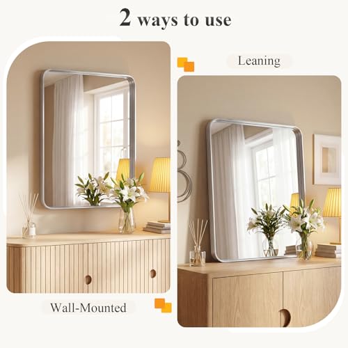 Image of Sweetcrispy Bathroom Mirror 40x24 Inch Metal Framed Rounded Rectangle Vanity Mirror for Wall, Over Sink, Farmhouse, Restroom, Anti-Rust, Modern Decorative, Horizontal or Vertical Hanging, Silver