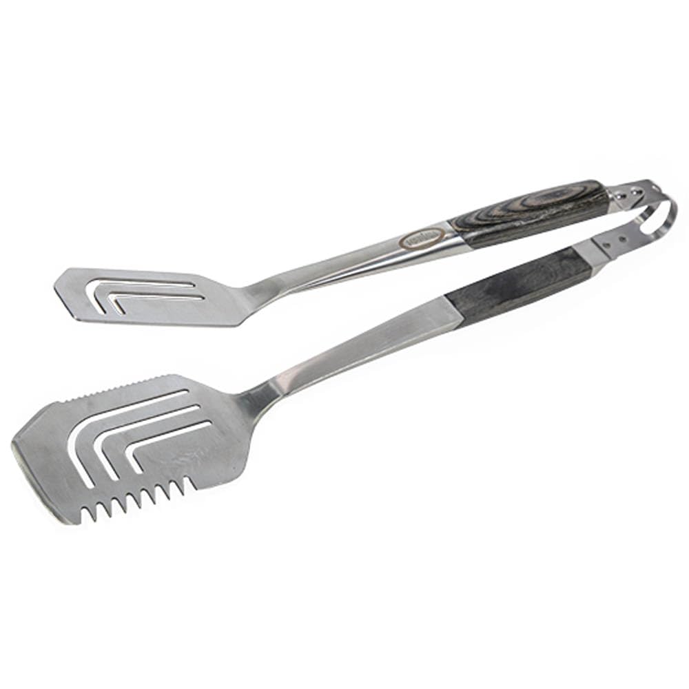All In One Tool Spatula Tong Cleaver Multi-Tool by Louisiana Grills – Wooden/Brown/Silver, Model 40244