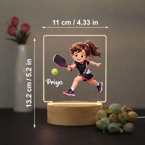Image of SNAPTRAP Personalized Pickleball LED Lamp with Name for Girls | Customized Acrylic Night Lamp with Wooden Base | Sports Gift for Kids, Girls & Women | USB Powered Bedroom & Desk Decor Light