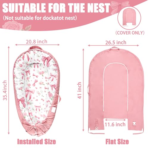 Image of Baby Lounger Cover for Boys Girls, Reversible Baby Nest Cover, Adjustable Baby Lounger Replaceable Cover for Infant Newborn, Portable and Machine Washable, Cotton Pink Rose Cover Only