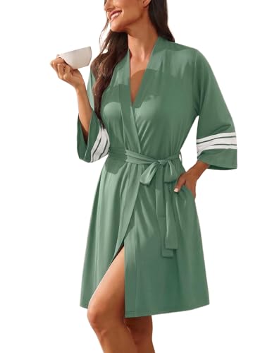 Image of Ekouaer Womens Robe Lightweight 3 /4 Sleeve Bathrobe Soft Short Knit Sleepwear with Pockets