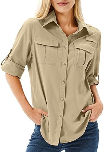 Toumett Women's UPF 50 Long Sleeve UV Sun Protection Safari Shirts Outdoor Quick Dry Fishing Hiking Travel Shirts(5071,Khaki,2XL)