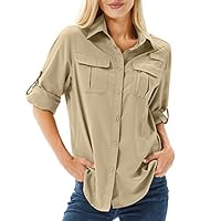 yeyity Hemd Damen UPF 50+ UV Schutz Langarmshirt Damen Outdoor Schnelltrocknend Sommer Shirts Safari Kleidung Wanderhemd Casual Button Down Tops(5071,Khaki,XL)