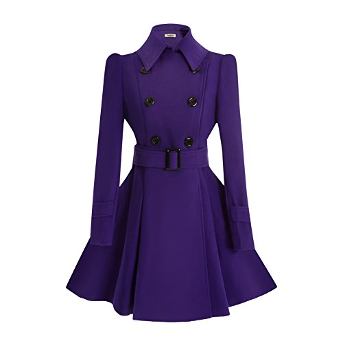 Image of ForeMode Women Swing Double Breasted Wool Pea Coat with Belt Buckle Spring Mid-Long Long Sleeve Lapel Dresses Outwear (Small, Purple)