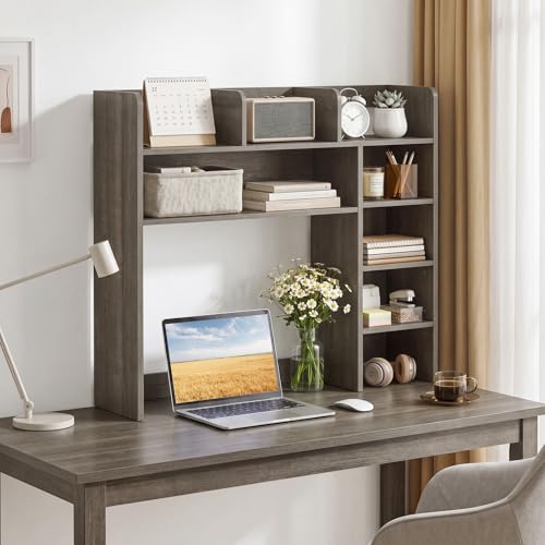 Image of Tangkula Desktop Bookshelf with LED Lights, Desk Hutch with 8 Shelves for Max 25 inch Monitor, Desktop 5-Tier Display Rack, Multipurpose Wood Desktop Storage Hutch Organizer for Dorm Office Home (Grey)