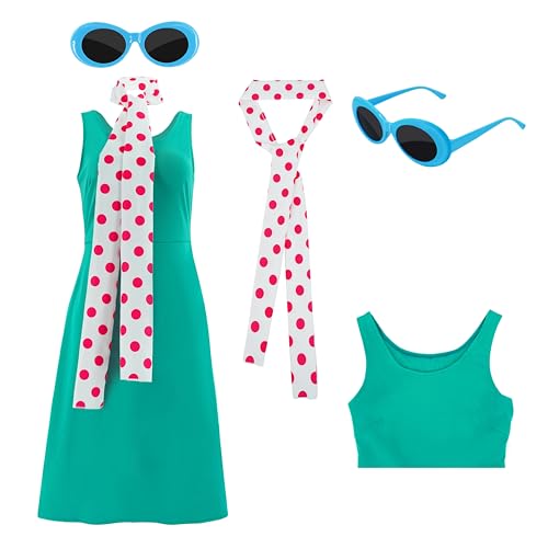 Voslett Women Lucy Costume Dress Wilde Polka Dot Scarf Blue Frame Glasses Halloween Themed Party Cosplay Outfit M